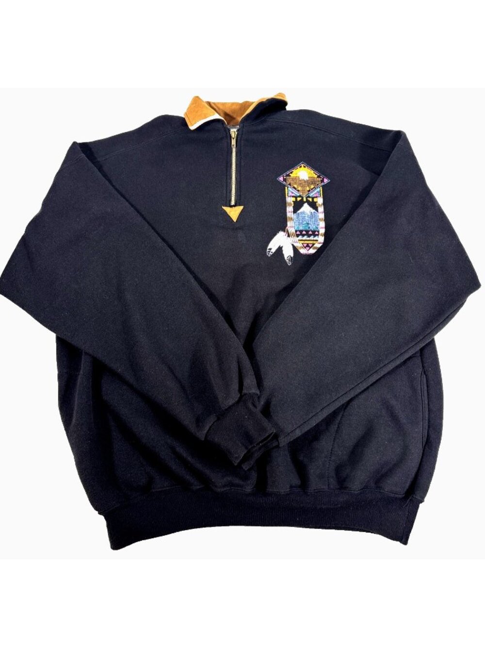 VTG Artisans Sunshein 1/4 Zip Black Native American Sweatshirt Mens XXL Collared